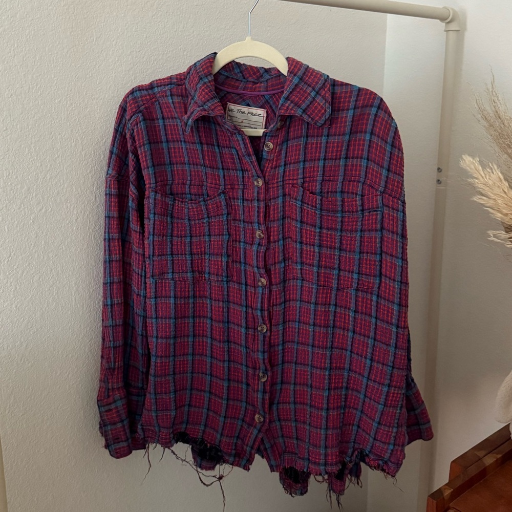 We The Free Red and Blue Plaid Button Down Shirt